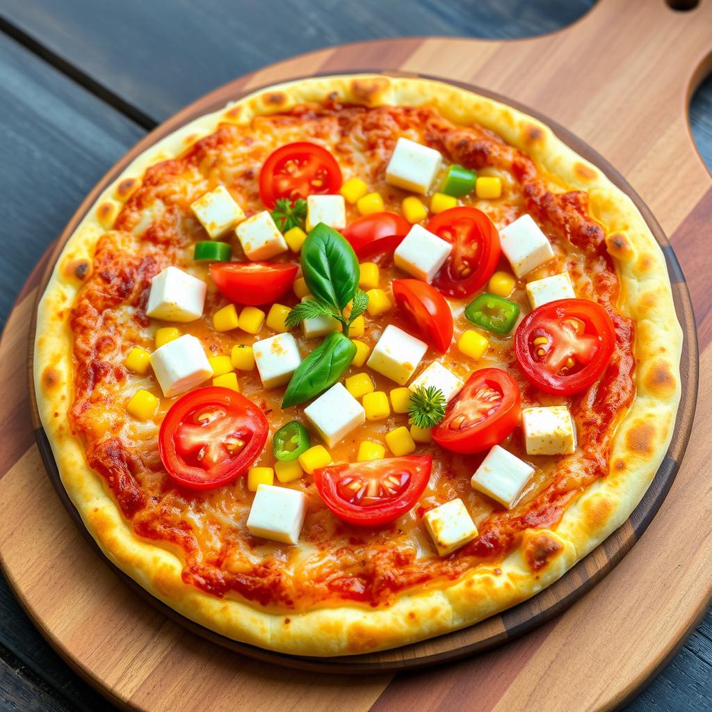 A delectable pizza featuring a perfect mix of paneer cubes, fresh, juicy tomatoes, sweet corn kernels, and vibrant green capsicum, all elegantly layered on a cheesy golden crust