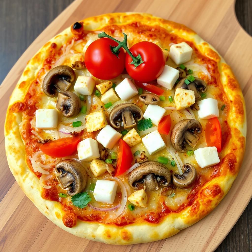 A freshly made pizza topped with an enticing blend of ingredients: crisp and fresh onions, tender mushrooms, creamy cubes of paneer, and vibrant capsicum, all lavishly spread over a gooey cheesy crust