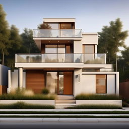 Create a highly detailed and realistic front elevation of a modern two-story house complete with landscaping.