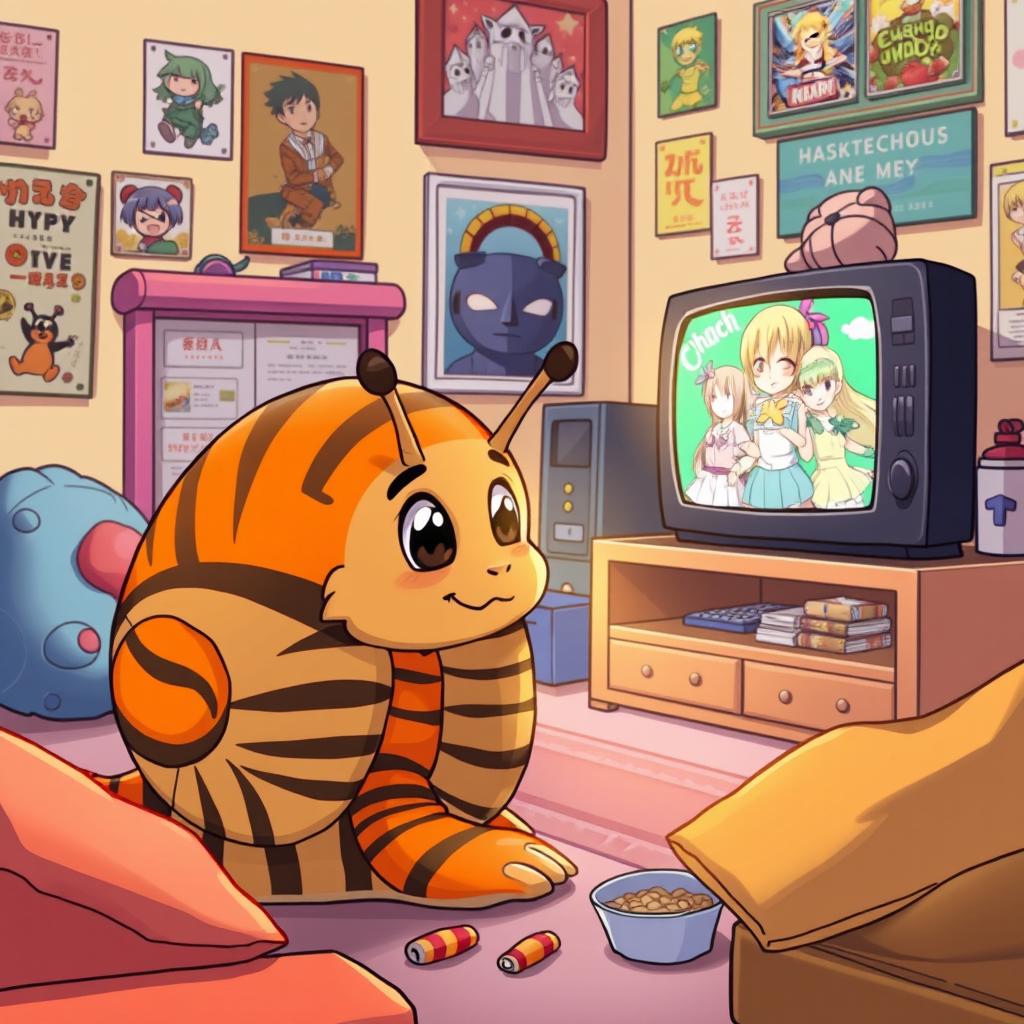 A whimsical scene featuring a hybrid character, a snail with distinct tiger stripes, intently watching anime on a brightly colored television