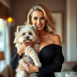 A stunning 50-year-old woman with a confident and alluring presence, styled in a sexy outfit that accentuates her figure and showcases a prominent décolletage