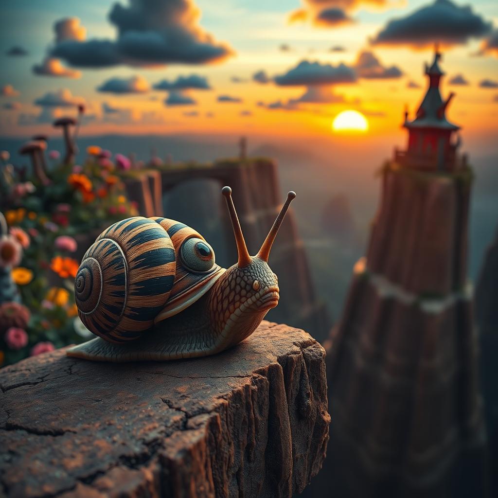 A surreal scene featuring a snail with a tiger's striped shell, looking contemplative as it approaches the edge of a vibrant, fantastical cliff