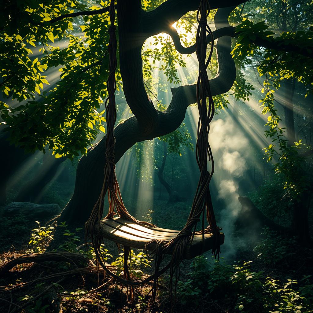 A thrilling scene showcasing a hunted swing in a dense, enchanted forest