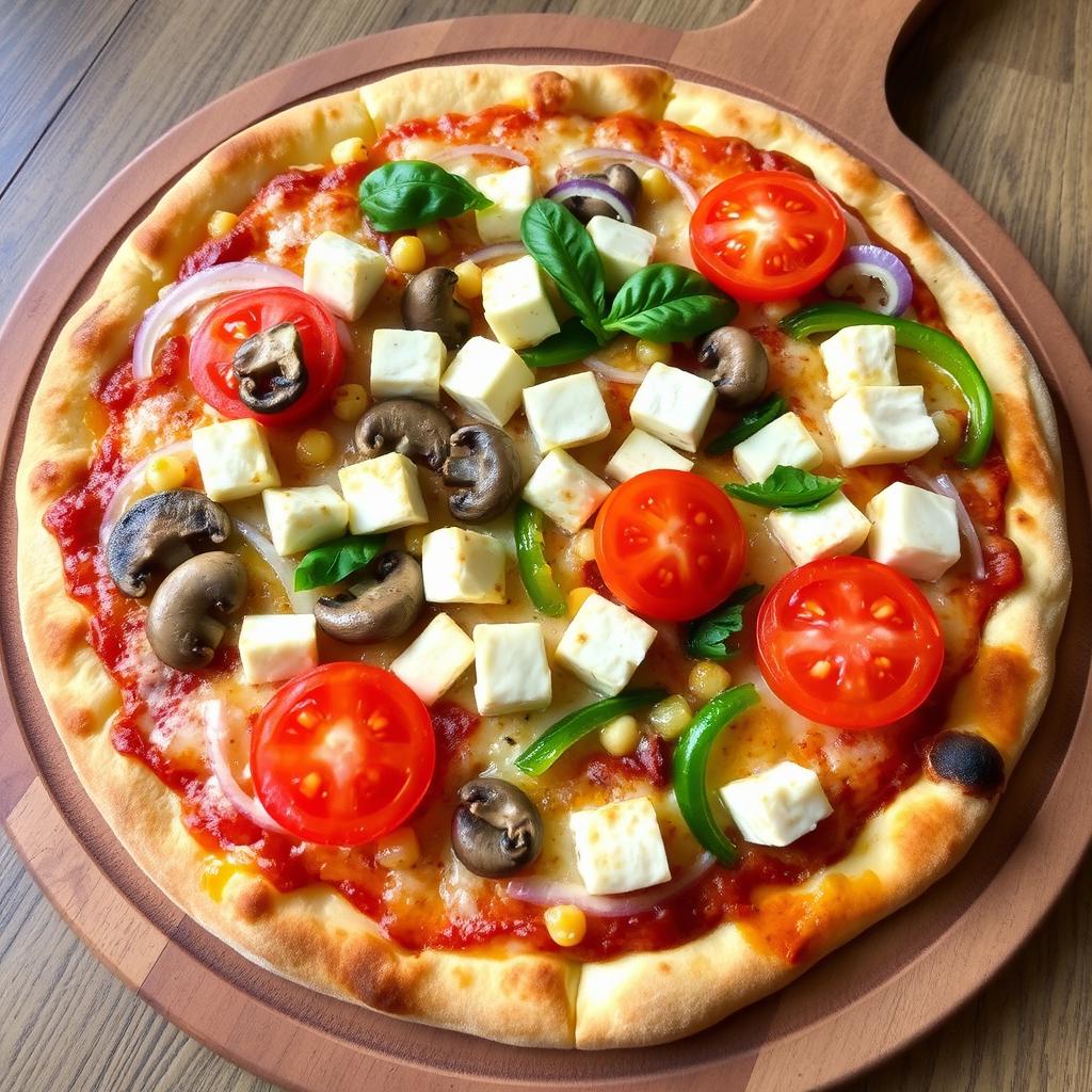 A scrumptious pizza featuring a vibrant medley of toppings: fresh, sliced onions, tender mushrooms, creamy paneer cubes, and colorful capsicum spread generously over a cheesy, golden-brown crust
