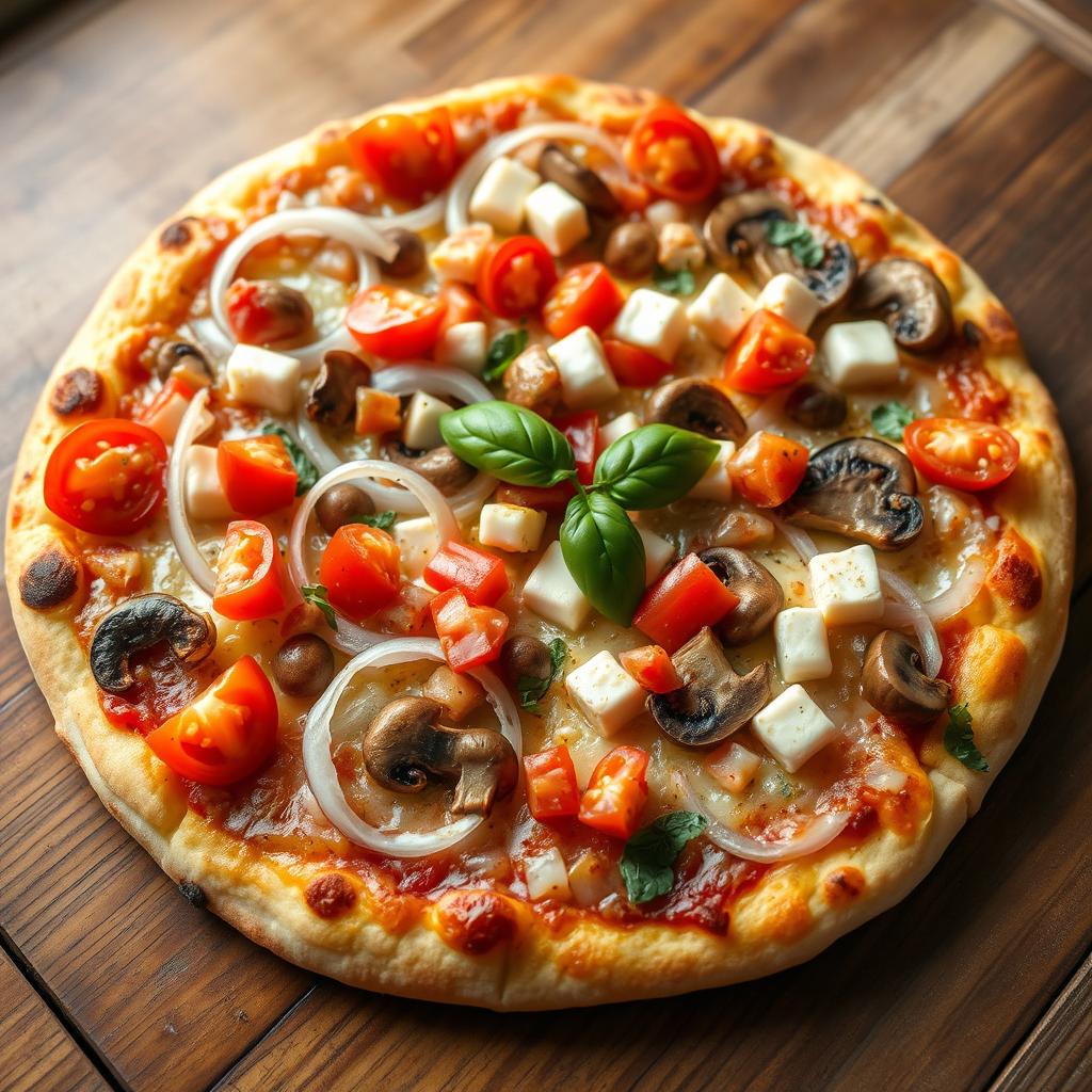 A delicious pizza topped with fresh, thinly sliced onions, tender sautéed mushrooms, creamy cubes of paneer, and vibrant, colorful capsicum