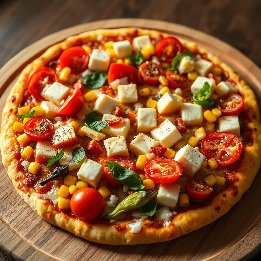 A visually appealing pizza showcasing a harmonious blend of paneer cubes, fresh ripe tomatoes, sweet corn, and crunchy capsicum, all artfully layered on a golden cheesy crust
