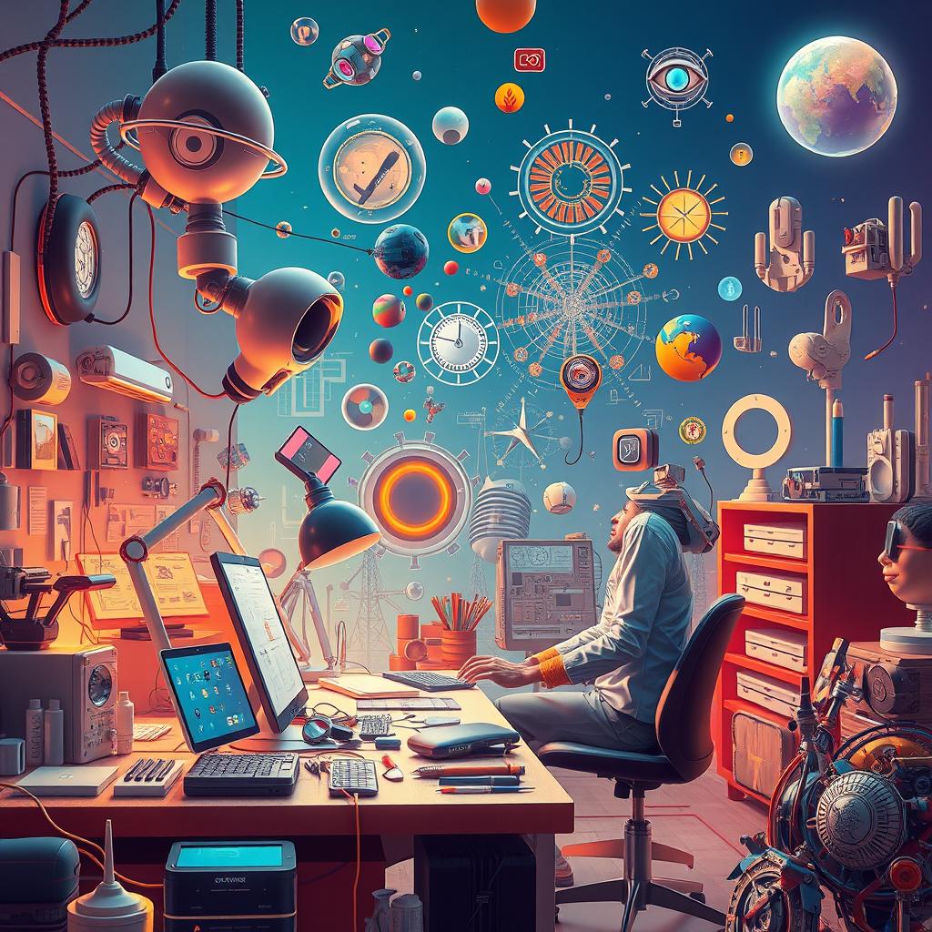 A surreal composition representing the theme 'Technology as an Extension of Creativity'