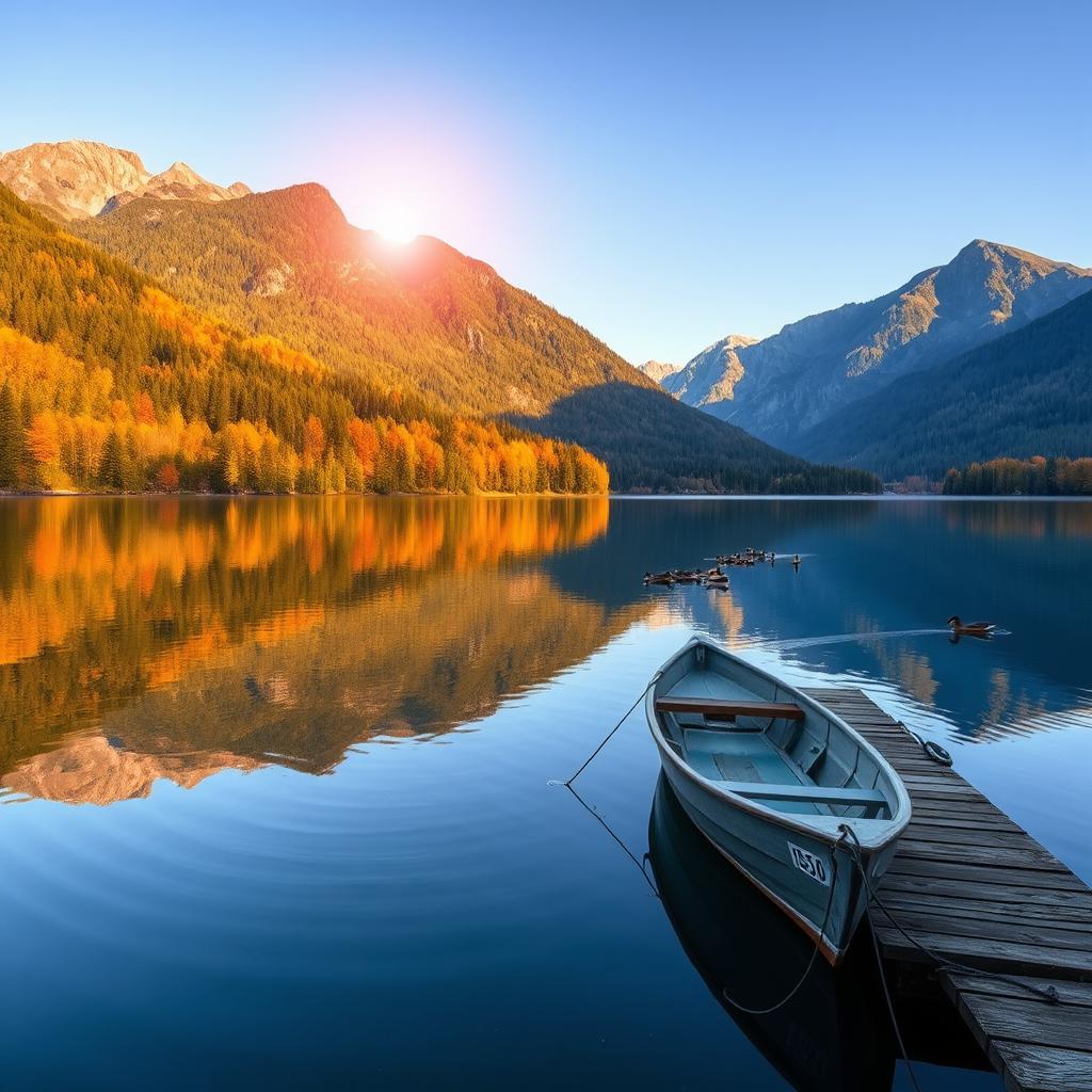 A serene landscape of a tranquil lake at 15:30, surrounded by lush green forests and majestic mountains under a clear blue sky