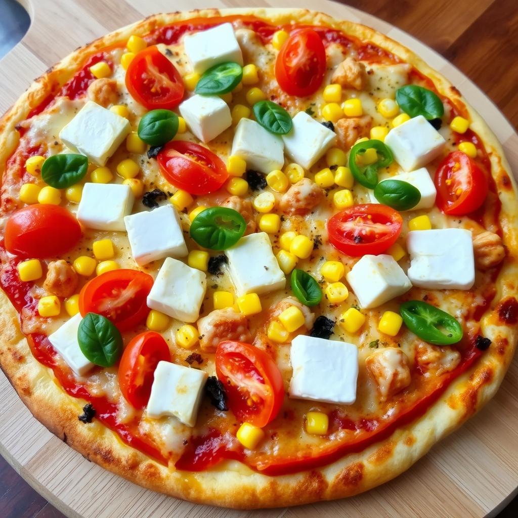 A mouthwatering pizza showcasing a delightful mix of paneer cubes, fresh tomatoes, sweet corn, and vibrant capsicum, all artfully layered on a crispy, cheesy crust