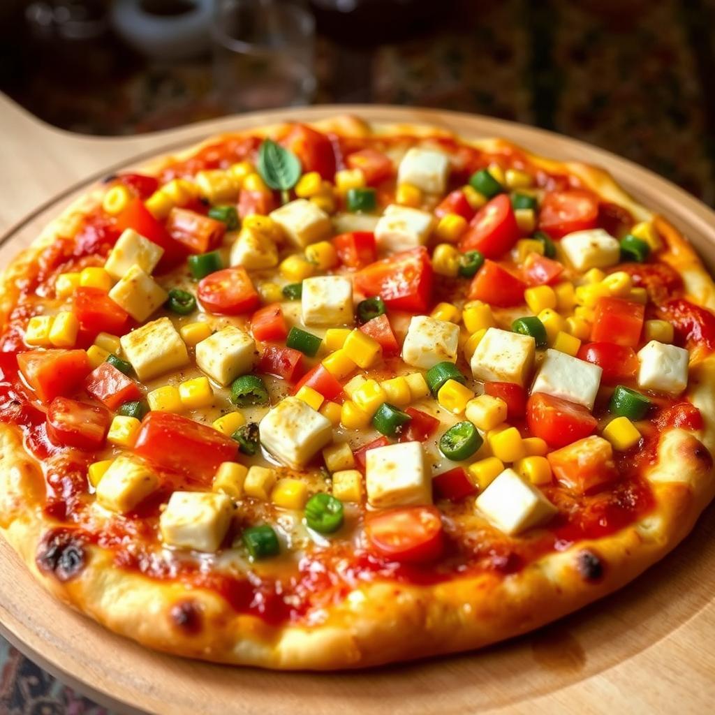 A scrumptious pizza showcasing a perfect mix of paneer cubes, fresh diced tomatoes, sweet corn, and colorful capsicum, all layered generously on a golden, cheesy crust