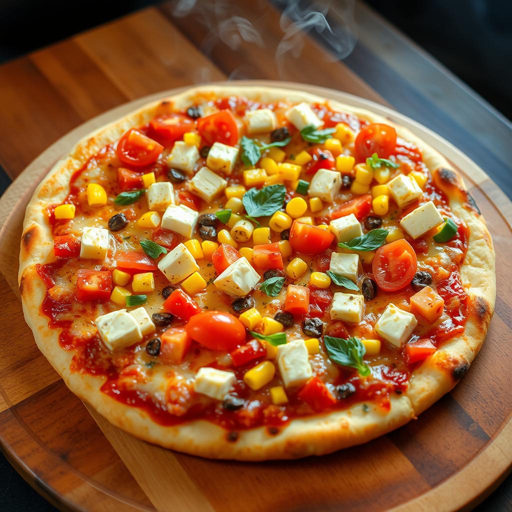 A delicious pizza featuring a perfect mix of paneer cubes, fresh diced tomatoes, sweet corn, and colorful capsicum, all layered on a crispy, cheesy crust