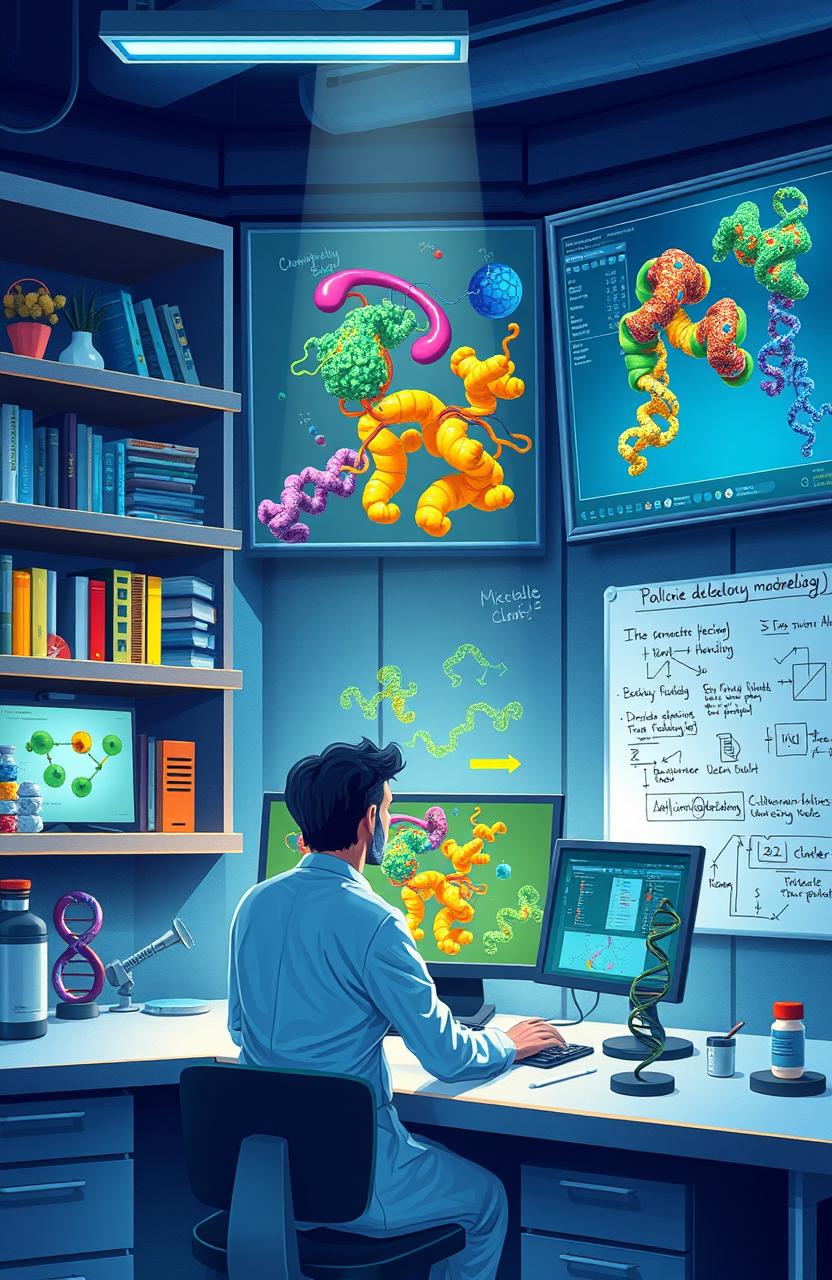 An intricate and detailed illustration depicting the process of homology modeling in molecular biology