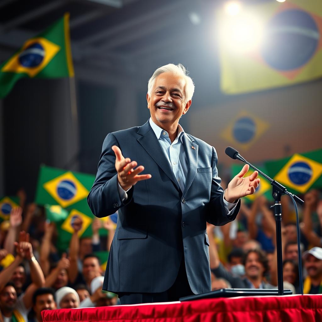 A powerful portrayal of President Lula standing confidently at a podium during a vibrant political rally