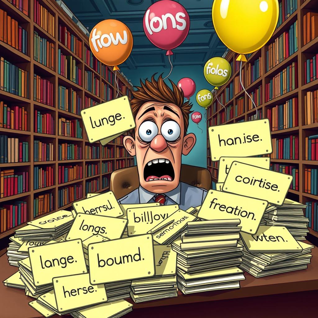 A whimsical and humorous portrayal of Hippopotomonstrosesquippedaliophobia, the fear of long words