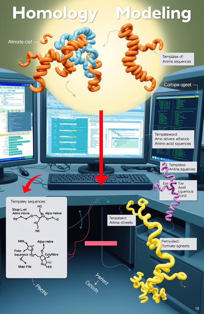 An intricate scientific illustration depicting the process of homology modeling in molecular biology
