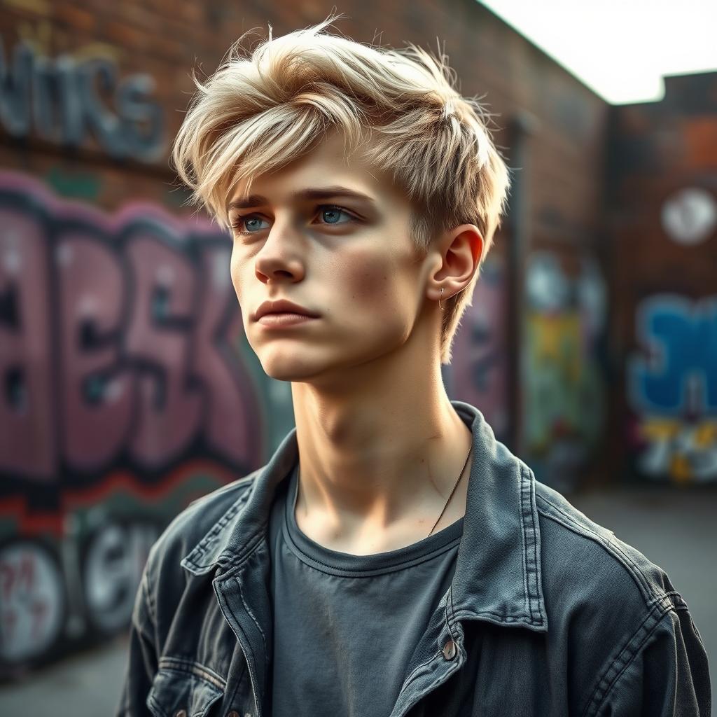 A young, skinny blonde man looking determined and hopeful, dressed in casual, slightly worn clothes