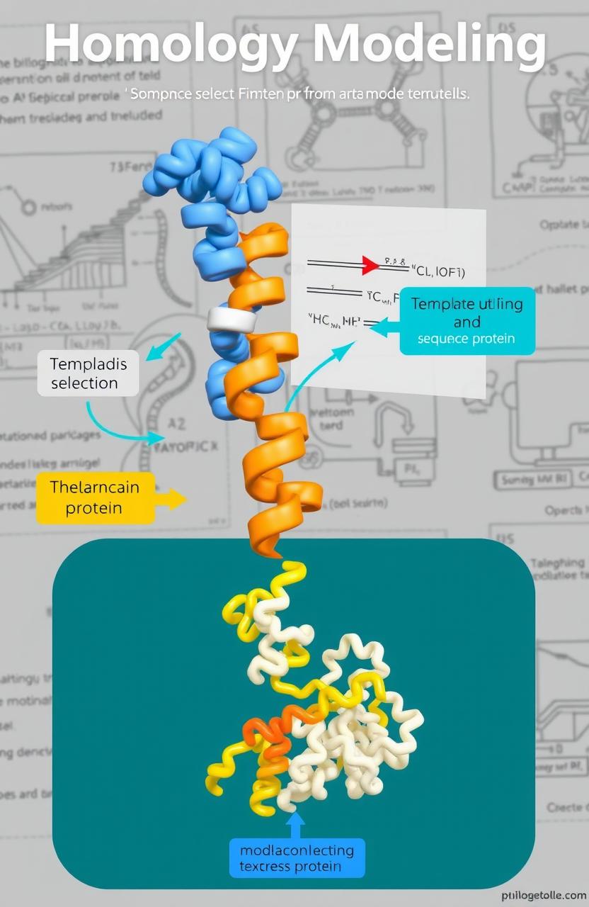An educational and visually engaging illustration depicting the concept of homology modeling in molecular biology