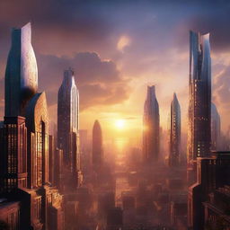 A fantasy city skyline at sunset, with towering buildings sporting magical glowing runes.