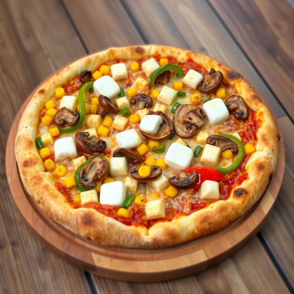 A delectable pizza featuring a hearty combination of sweet corn, fresh mushrooms, paneer cubes, and vibrant capsicum, all generously topped with gooey, melted mozzarella cheese