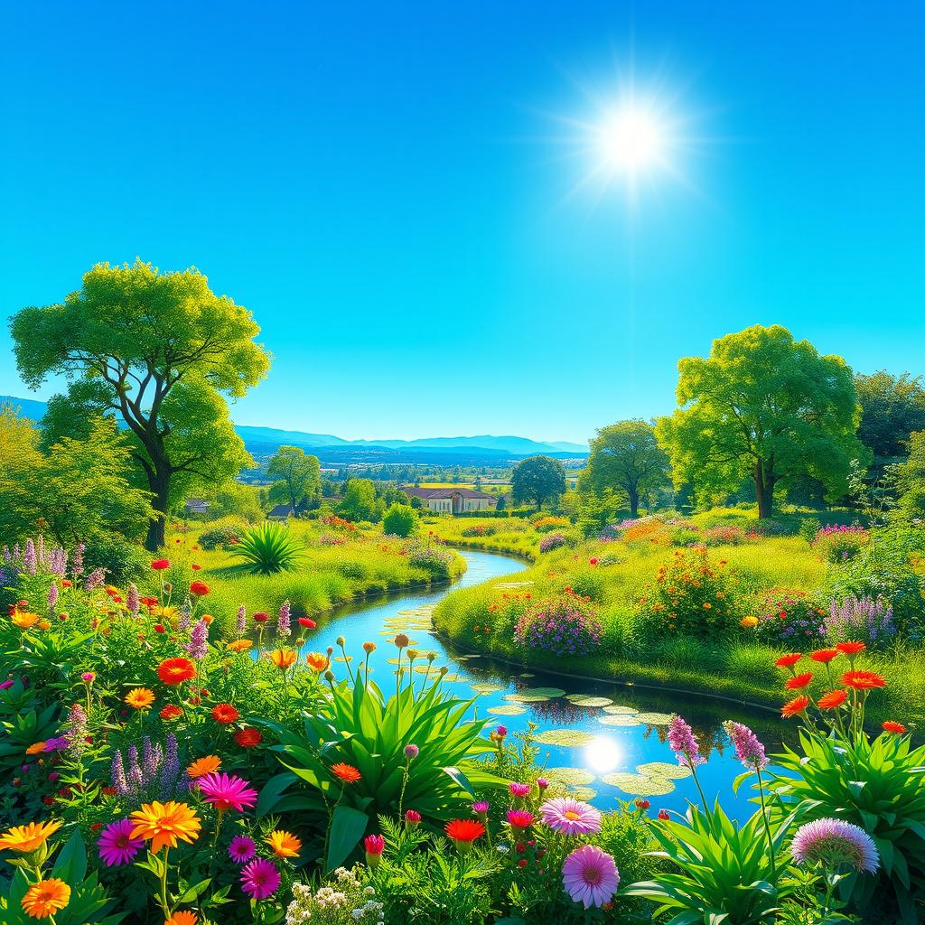 In a serene and peaceful landscape, depict a vibrant garden filled with a variety of lush green plants and colorful flowers, symbolizing the creation described in Genesis 1:10-18