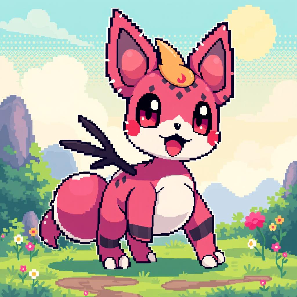 A pixel art character inspired by the whimsical world of Pokémon, showcasing a unique creature with bright colors and exaggerated features