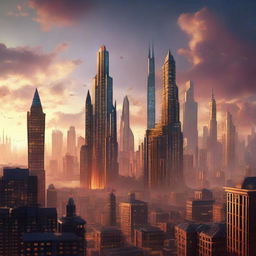 A fantasy city skyline at sunset, with towering buildings sporting magical glowing runes.