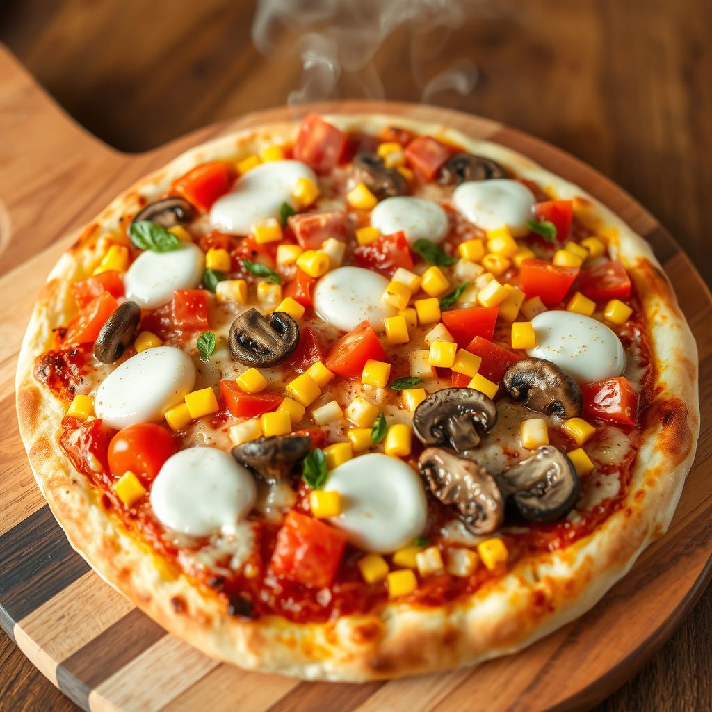 A refreshing pizza featuring a vibrant combination of fresh diced tomatoes, sweet corn, earthy mushrooms, and colorful capsicum, all beautifully layered under a generous topping of melted mozzarella cheese
