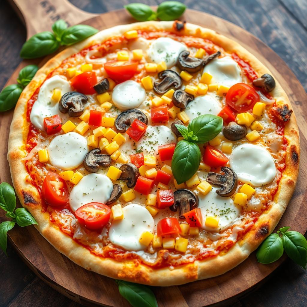 A refreshing pizza topped with a vibrant blend of fresh diced tomatoes, sweet corn, earthy mushrooms, and colorful capsicum, all smothered in melted mozzarella cheese