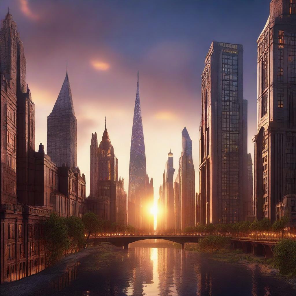 A fantasy city skyline at sunset, with towering buildings sporting magical glowing runes.