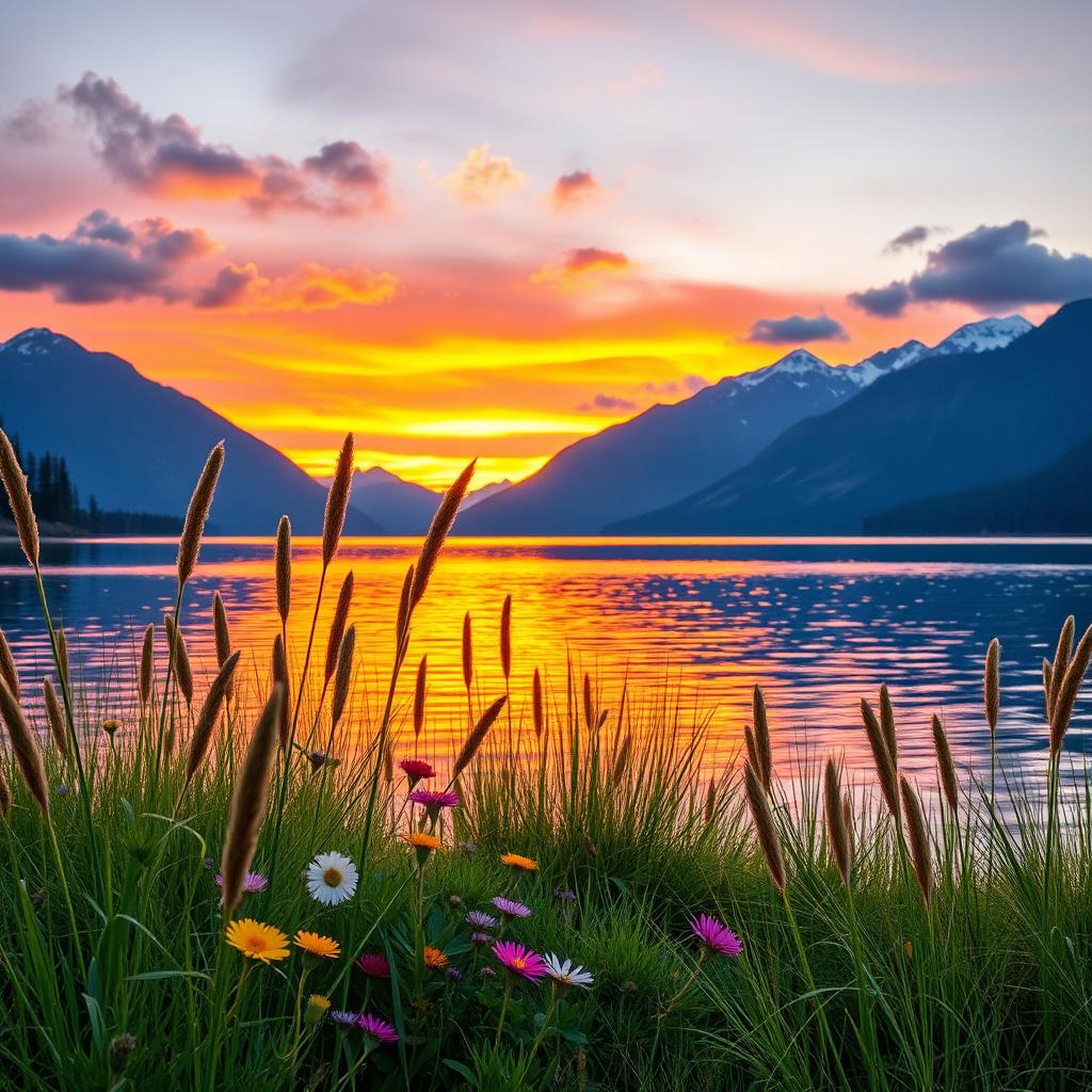 A stunning landscape featuring a serene lakeside at sunset, with vibrant hues of orange, pink, and purple reflecting in the calm water