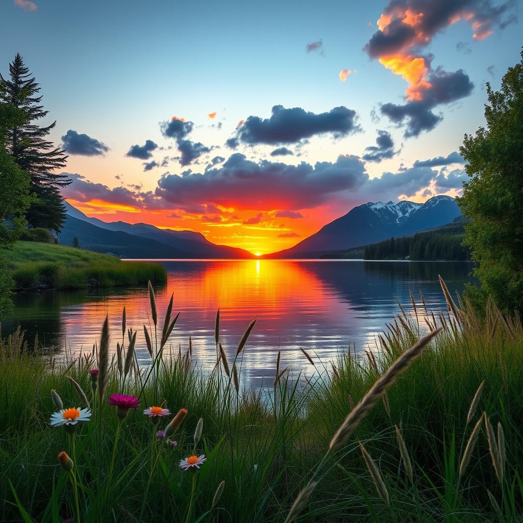 A stunning landscape featuring a serene lakeside at sunset, with vibrant hues of orange, pink, and purple reflecting in the calm water