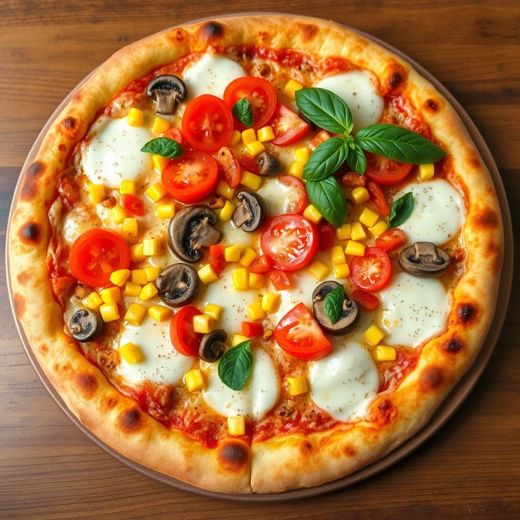 A delicious pizza topped with fresh tomatoes, sweet corn, mushrooms, and vibrant capsicum, all combined with melted mozzarella cheese