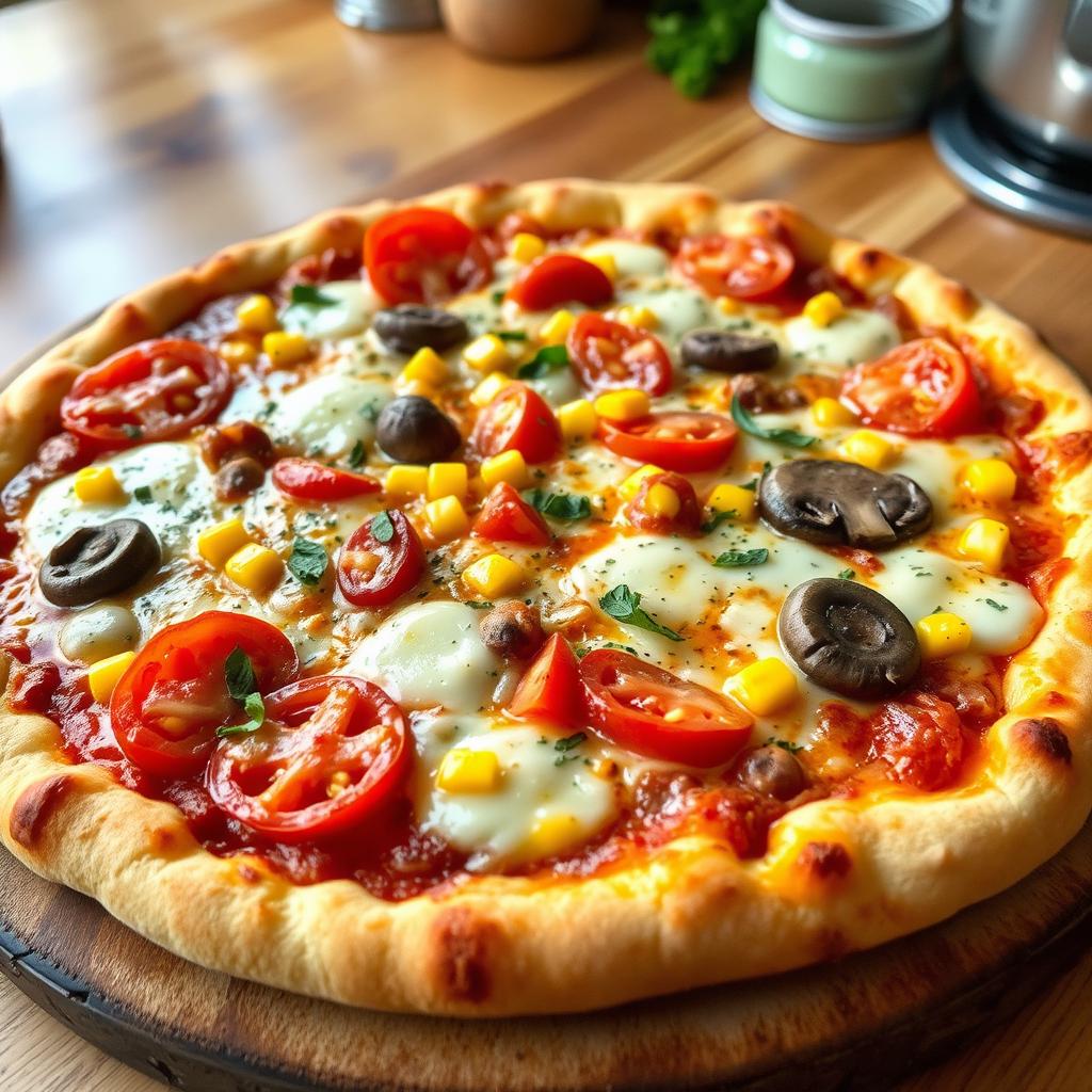 A mouthwatering pizza featuring fresh tomatoes, sweet corn, mushrooms, and colorful capsicum, all melted underneath a generous layer of gooey mozzarella cheese