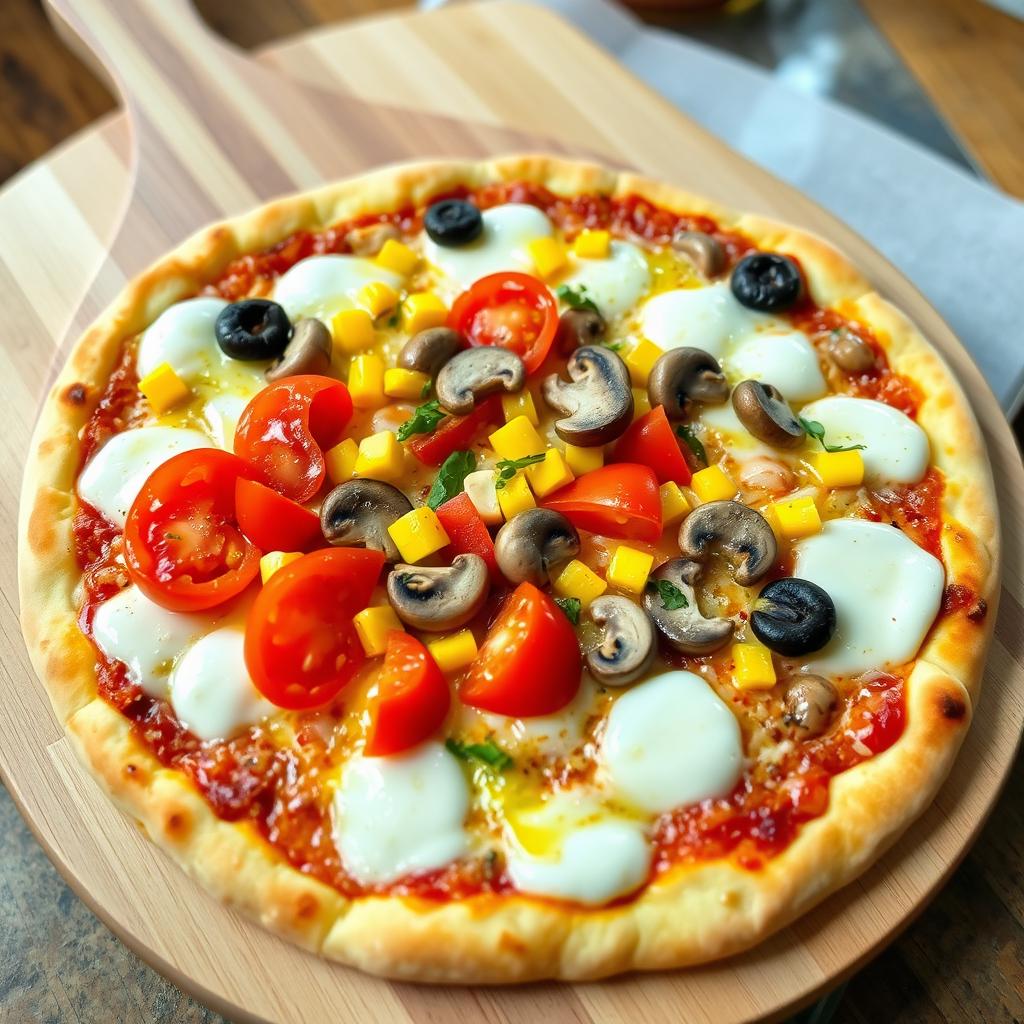 An enticing pizza beautifully topped with fresh tomatoes, sweet corn, mushrooms, and colorful capsicum, generously covered with melted mozzarella cheese