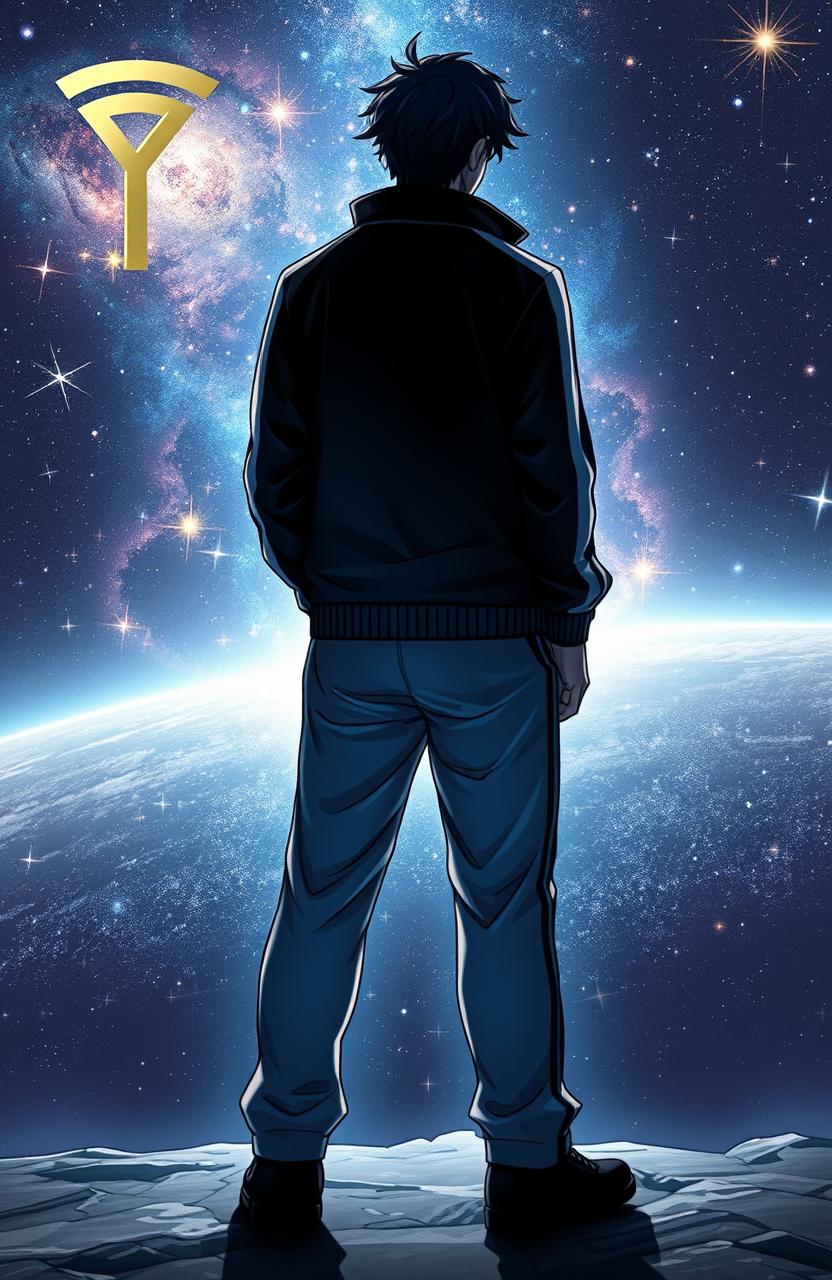 A figure of a man wearing a black and white striped design jacket and track pants, standing confidently and facing towards an expansive view of eternal space filled with stars and galaxies