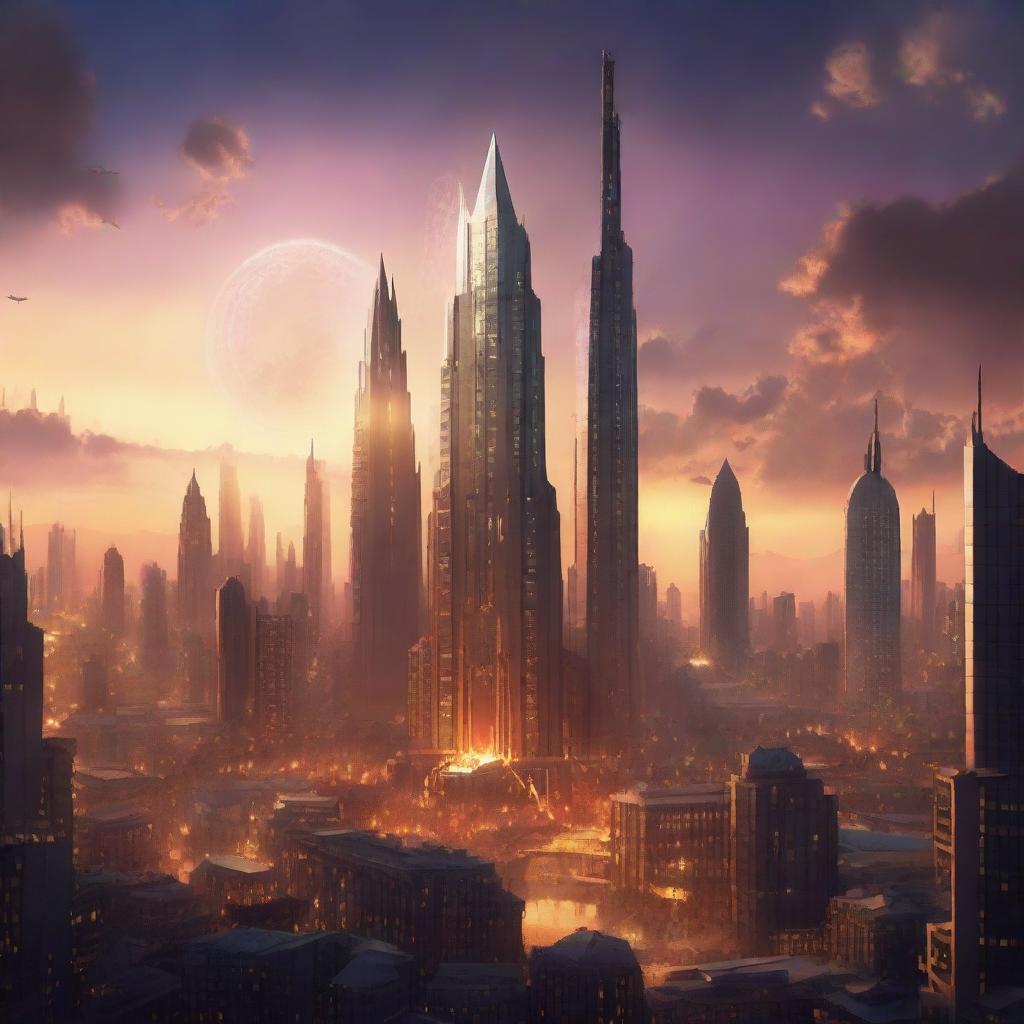 A fantasy city skyline at sunset, with towering buildings sporting magical glowing runes.