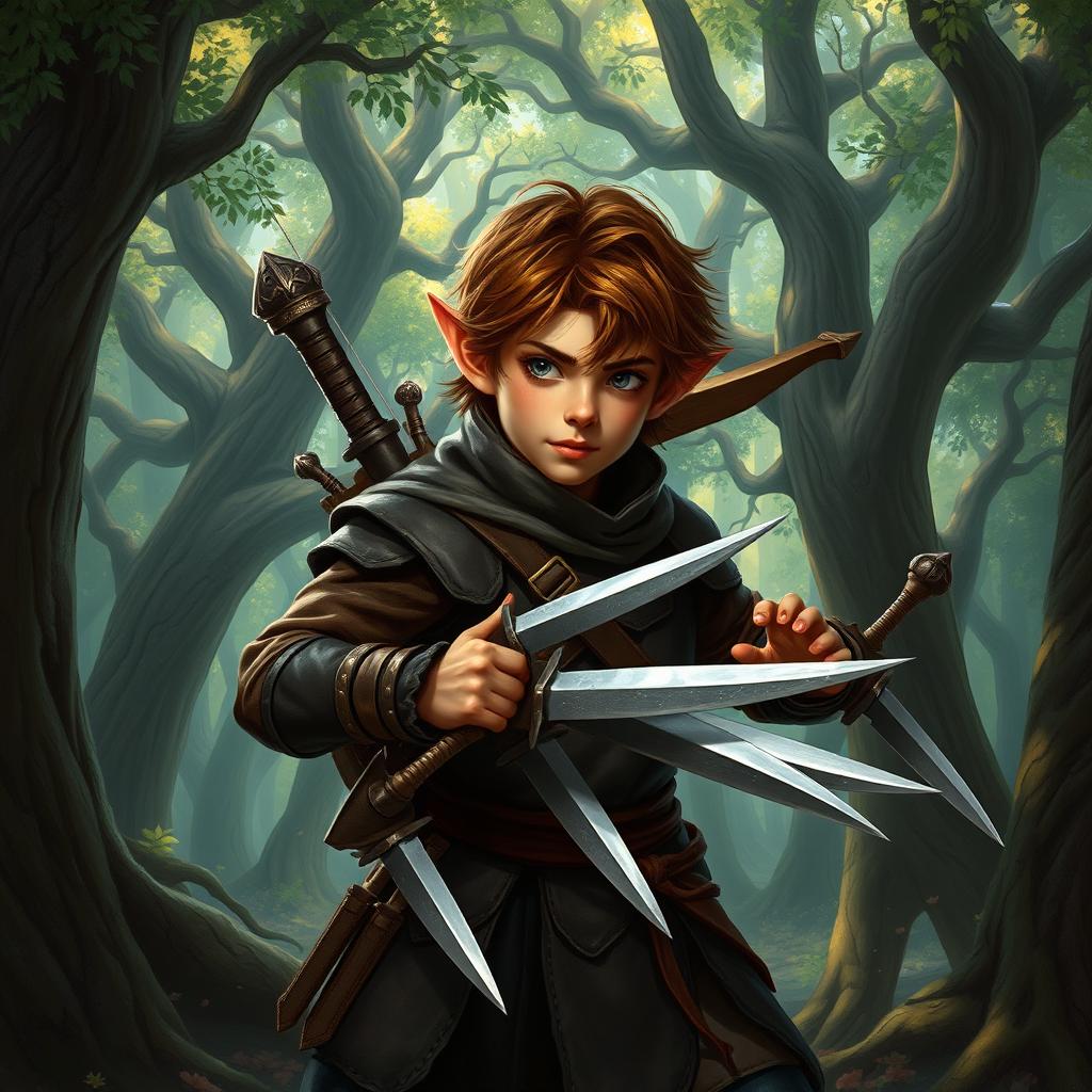 A young halfling rogue with brown hair and bronzed skin, wearing dark leather armor
