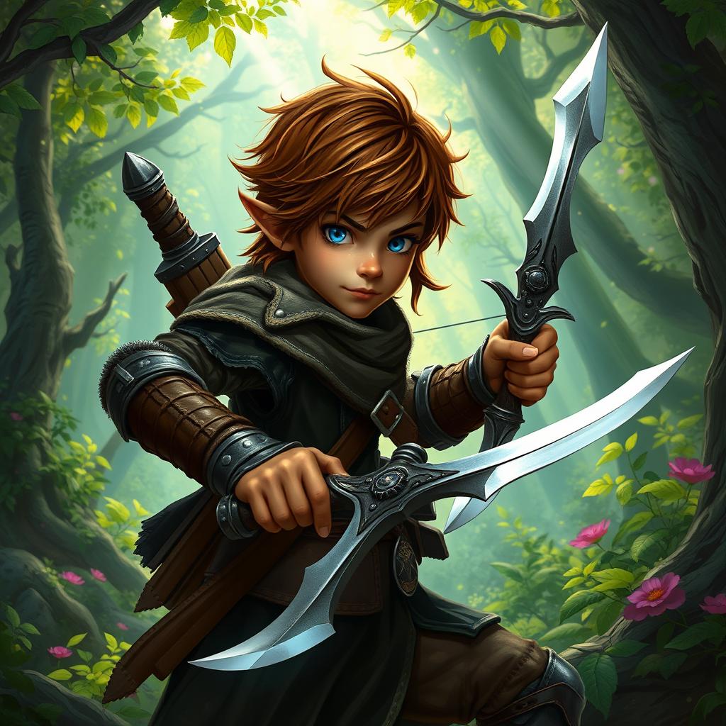 A young halfling rogue with brown hair and bronzed skin, dressed in dark leather armor