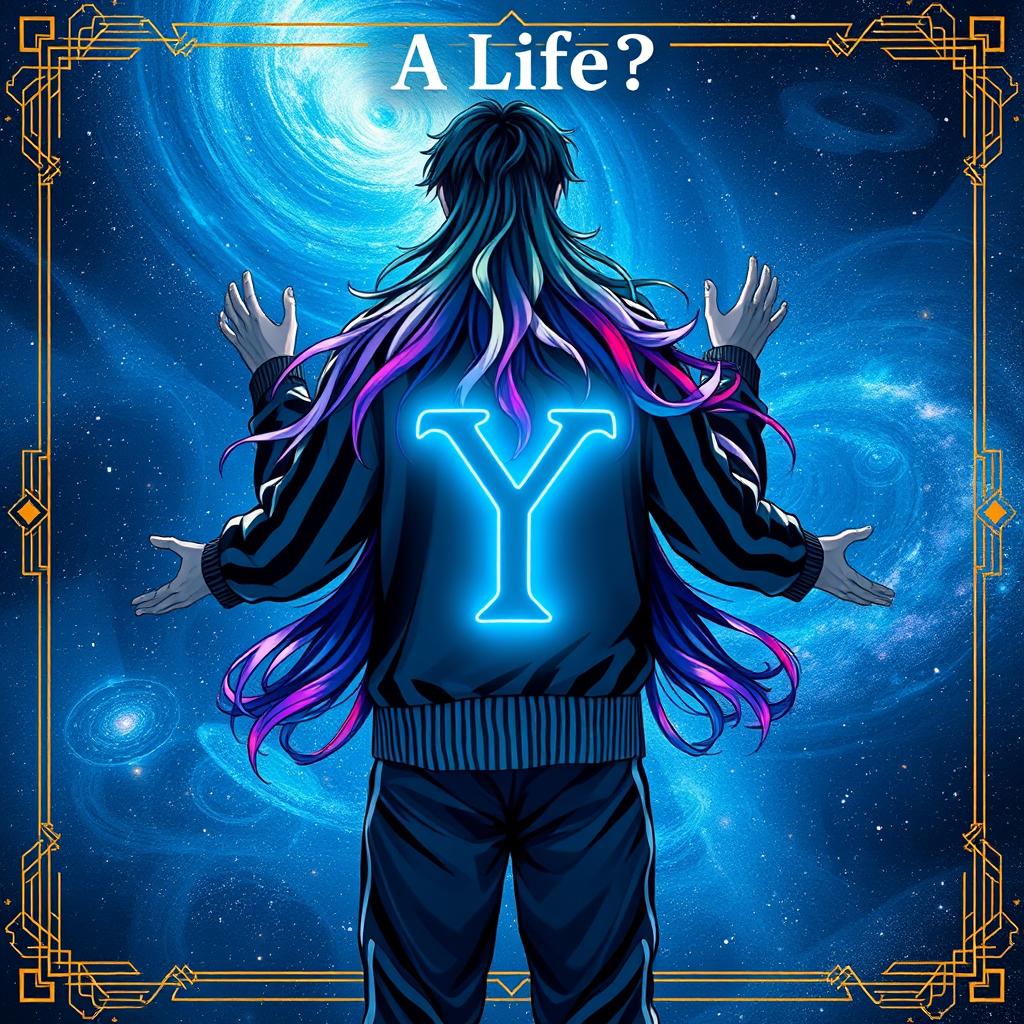 A striking figure of a man wearing a black and white striped design jacket and track pants, positioned with his back to the viewer, facing the expansive and mystical eternal space filled with stars and swirling galaxies