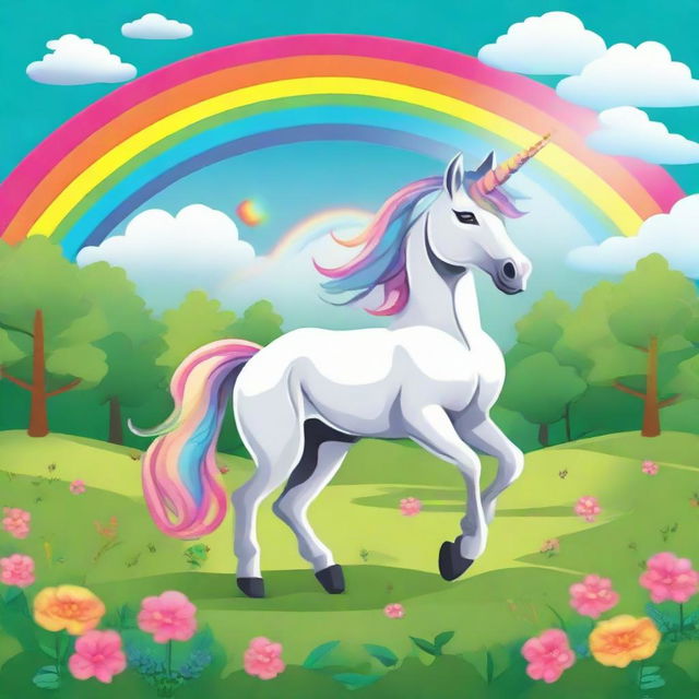 A magical unicorn prancing in a lush green field with a rainbow in the background.