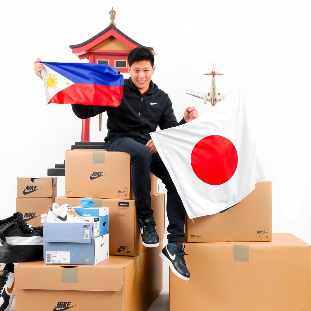 A man wearing a black jacket and Nike shoes, sitting on shipping boxes