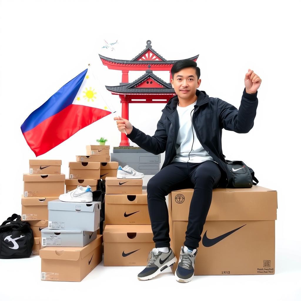 A man wearing a black jacket and Nike shoes, sitting on shipping boxes