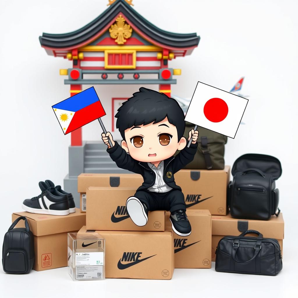 A chibi-style man wearing a black jacket and Nike shoes, sitting on shipping boxes