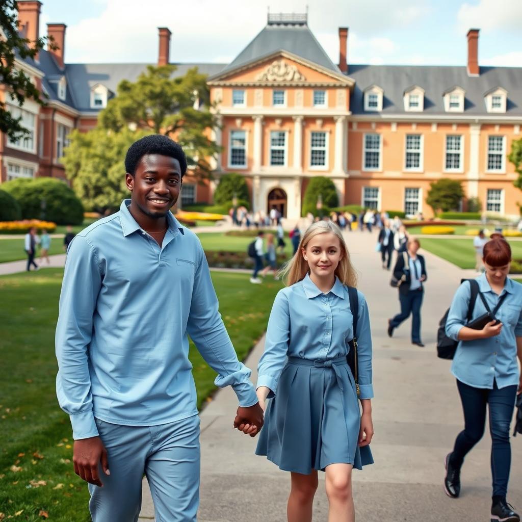 In the foreground, a tall black boy holding hands with a short blonde girl, both dressed in light blue uniforms