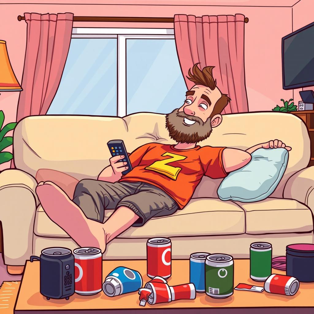 A cartoon depiction of a lazy man lounging on a comfortable sofa, fully relaxed while watching television