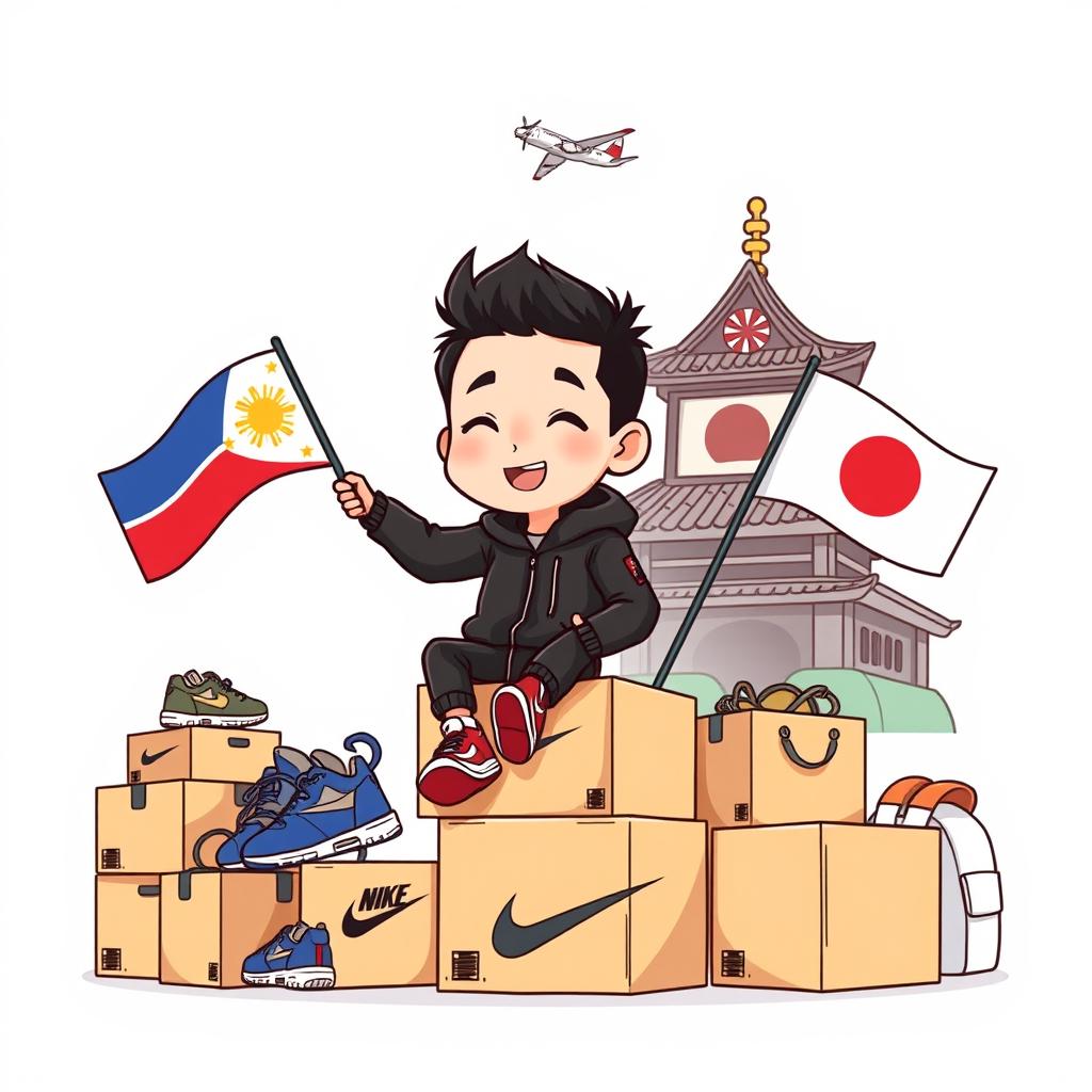 A playful illustration logo featuring a chibi-style man wearing a black jacket and Nike shoes