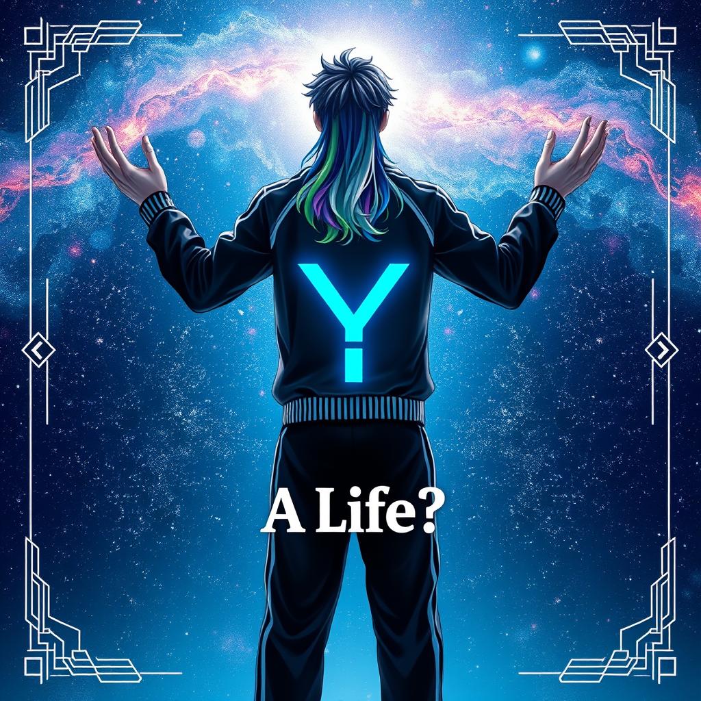 A captivating image of a male figure wearing a striking black and white striped design jacket and track pants, standing confidently with his back to the viewer and facing the mesmerizing eternal space filled with vibrant stars and cosmic phenomena