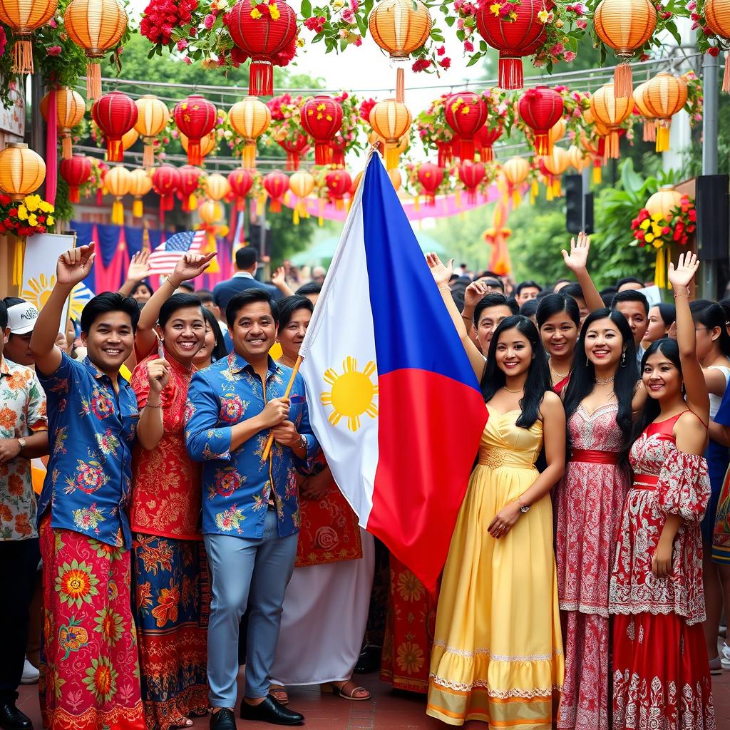 A vibrant and colorful scene showcasing Filipino pride, featuring a group of diverse Filipinos celebrating at a cultural festival