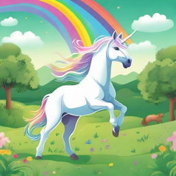 A magical unicorn prancing in a lush green field with a rainbow in the background.