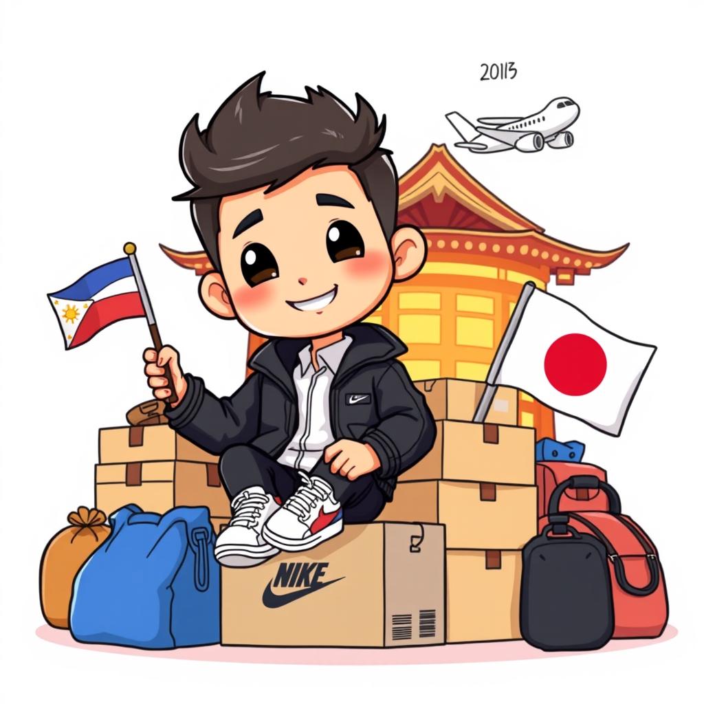 An illustration logo of a chibi-style smiling man wearing a black jacket and Nike shoes